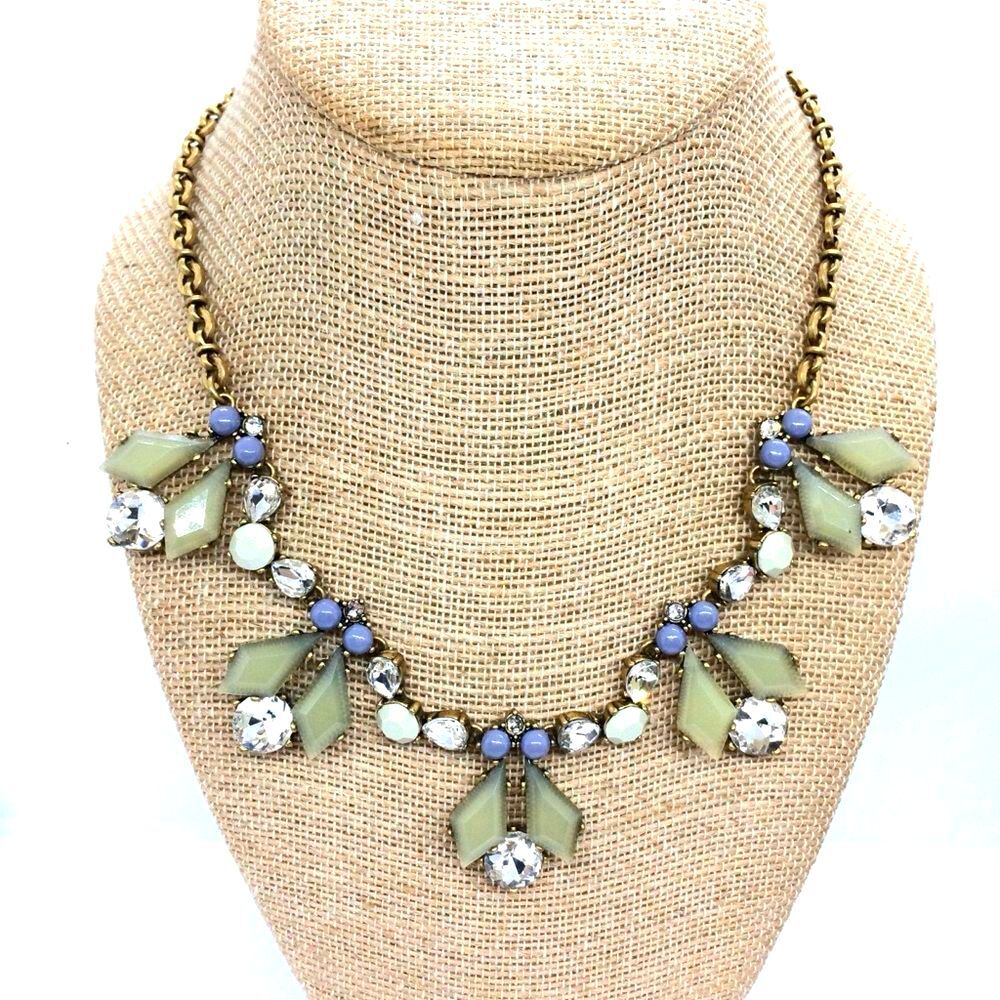 J Crew Statement Necklace Gold Tone Blue Pistachio Rhinestone Bib Collar